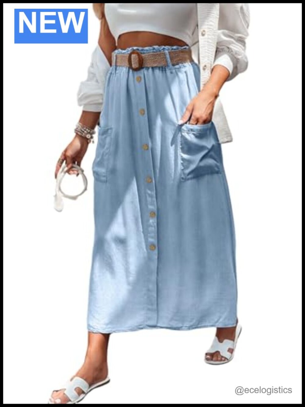 Tencel Denim Maxi Skirt Elastic Waist A-Line Ruffle Cargo Long Jean Skirt